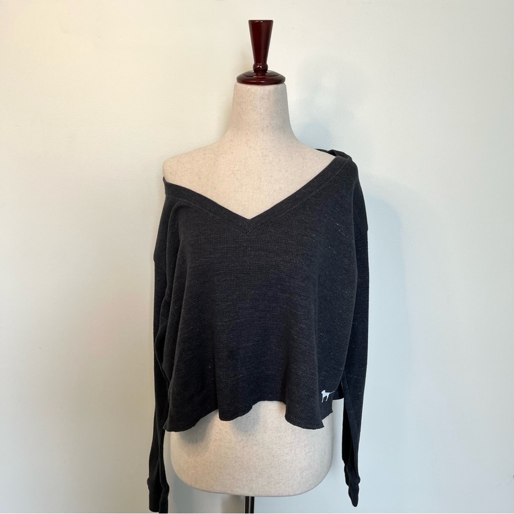 Victoria's Secret PINK Charcoal Grey Cropped V-Neck Sweatshirt
